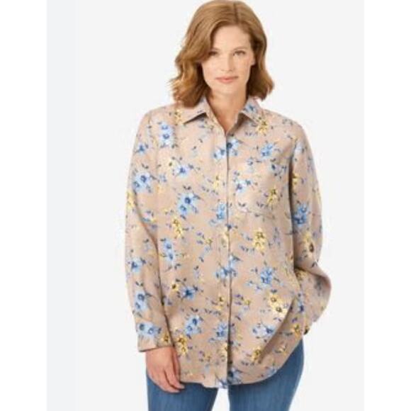 Woman Within button up shirt collar pocket tan blue floral suede feel Size 1X - Picture 3 of 9